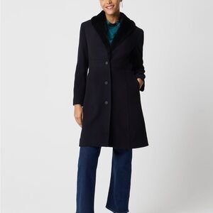 J. Crew Factory Black Trench Lady Day Coat with Faux Fur Collar